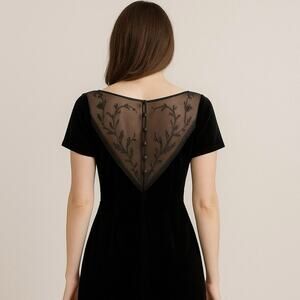 Vintage 90s Maggy London Mesh Embroidered Button Back Velvet Mini Dress Size 4